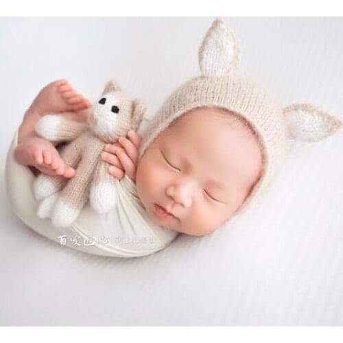 Newborn Bonnet Set Baby Girl Kitty Toys Set Prop Knitted Cat Bonnet Crochet Animal Toy Newborn Hat Photography Props