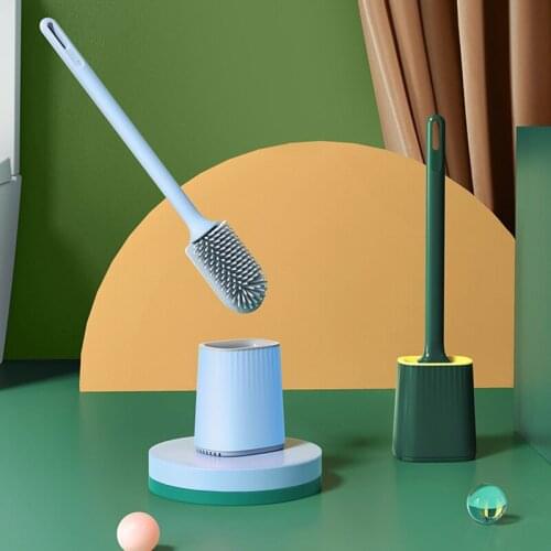 Toilet Brush Water Leak Proof With base Silicone Wc Flat Head Flexible Soft Bristles Brush with Quick Drying Holder Set