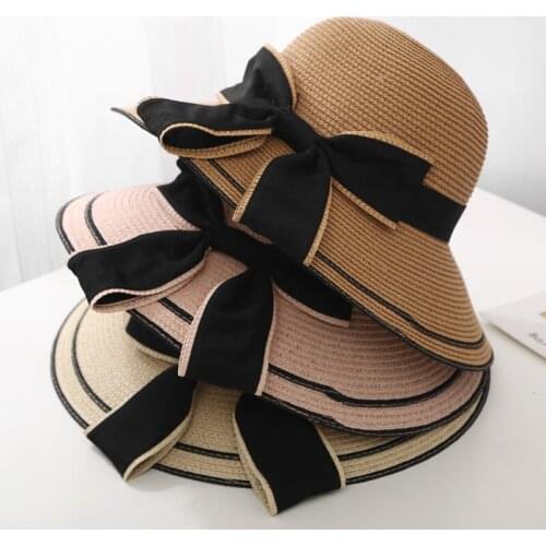 Summer Women Girls Bow Straw Hats Parent-child Wide Brim Outdoor Beach Sun Protection Cap Kids Female panama gorro