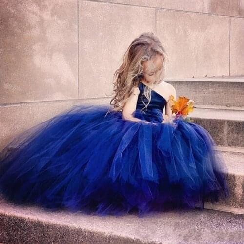 Dark Blue Tulle Ball Gown Flower Girl Dresses For Wedding One Shoulder Girls Pageant Gowns Lace Up Floor Length Kid Party Dress