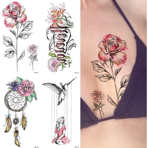 Waterproof Temporary Tattoo Sticker Line Rose Flowers Flash Tattoos Dreamcatcher Bird Lotus Body Art Arm Fake Sleeve Tatoo Women