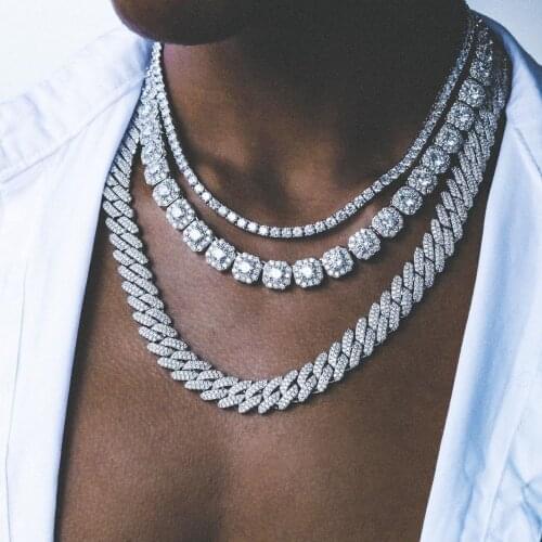 High quality 5A clear square cz paved hip hop cluster link tennis chain necklace for men boy necklace party birthday gift