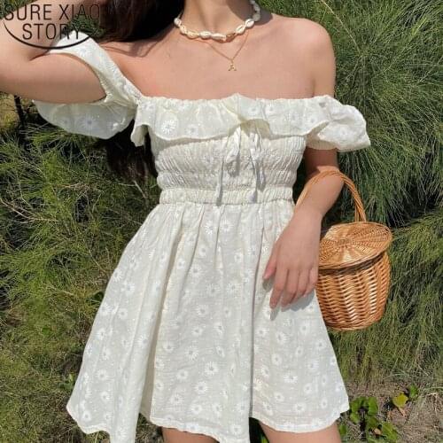 Women Puffed Sleeves Floral Dresses Sweet Square Collar Mini Dress Ruffles New 2021 Summer Girls Princess Pleated Dresses 13677
