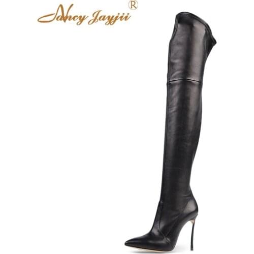 Genuine Leather Women Fashion Black Pleather Point Toe High Heels Over the Knee Boots Woman Shoes Slip-on Sexy Spring 2019