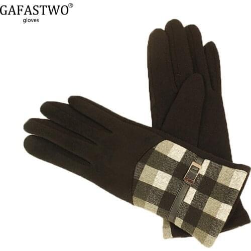 2021 Autumn Winter Women Gloves Warm Plus Velvet Windproof Suede Plaid Fashion Riding Cycling Driving Touch Screen Gloves