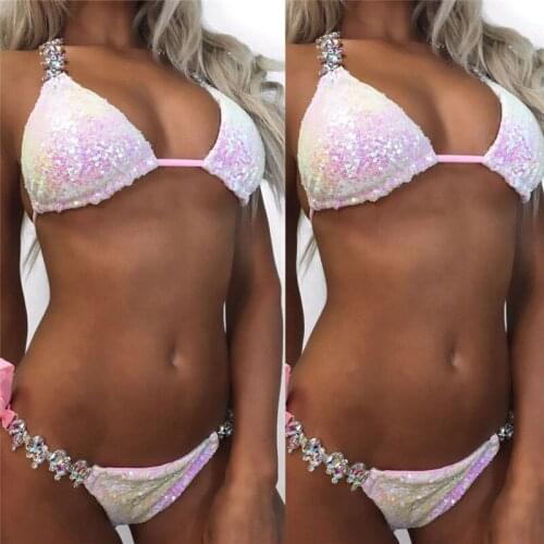 Summer Fashion Sequined Rhinestone Gradient Pink Swimsuit Ladies Diamond Bikini Set Bathing Suit Sexy Swimwear Straps Swimsuits