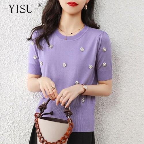 YISU Summer Women Sweater O-Neck Solid color Knitted pullove Short sleeve Summer tops Female Casual Thin Jumper Woman clothing