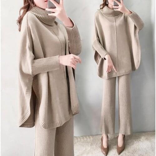 Sweater set women spring and winter knitted suits 2 piece set warm turtleneck sweater pullovers wide legs pants