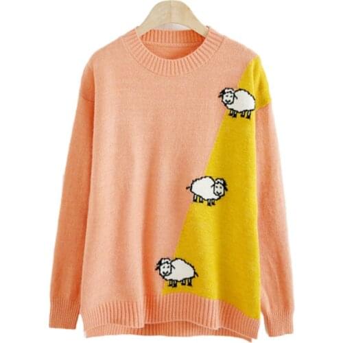 Women Sweater Colorblock Cartoon Embroidery Jacquard Casual Knit Pullover 2020 Winter Vintage Long Sleeve -neck Female Cute Top