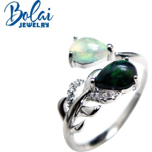 Bolaijewlry,feather shape rings natural multicolor opal gemstone in 925 sterling silver fine jewelry for lady best gift box