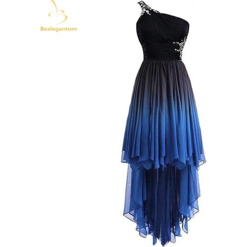 Bealegantom 2021 One Shoulder Hi-Lo Gradient Chiffon Short Prom Dresses Ombre Beads Crystal Evening Homecoming Party Gown QA1565