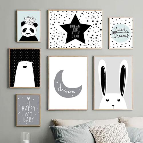 Abstract Black White Lovely Animals Canvas Art Painting Prints Cute Kids Room Decorative Posters Home Decor Motto Wall Pictures
