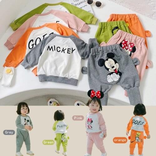 Disney 2PCS Children Winter Suit Thicken Sweatshrit+Pants Plus Velvet Cartoon Mickey Minnie Goofy Pluto Newborn Baby Kis Clothes
