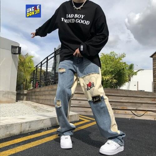 UNCLEDONJM Colour block cargo jeans patchwork jeans High Street vintage jeans men Distressed baggy jeans women DY810