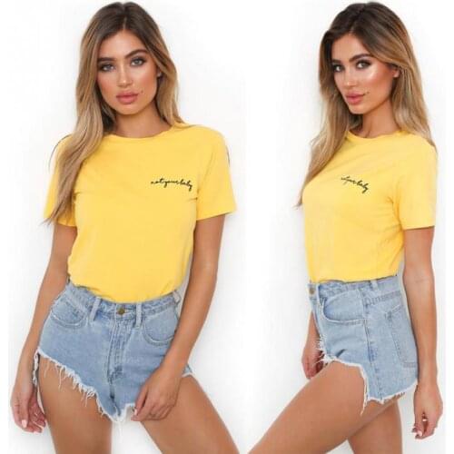 Simple Fashion Letters Embroidery T-shirt Women O-neck Short Sleeve Tops Girls Casual Streetwear Tee for Ladies Yellow Red