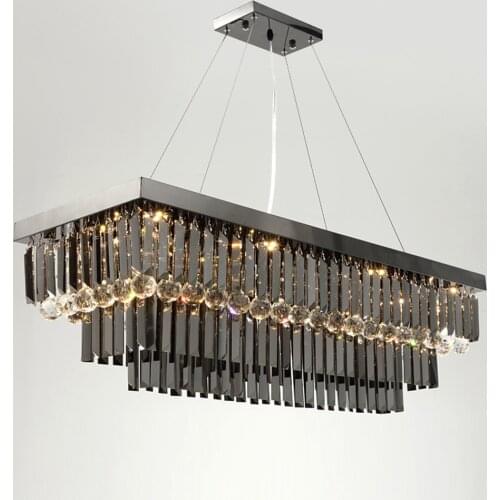 Dining room crystal chandelier luxury modern led light rectangle smoky gary cristal lamp for kitchen island black hanging lamp
