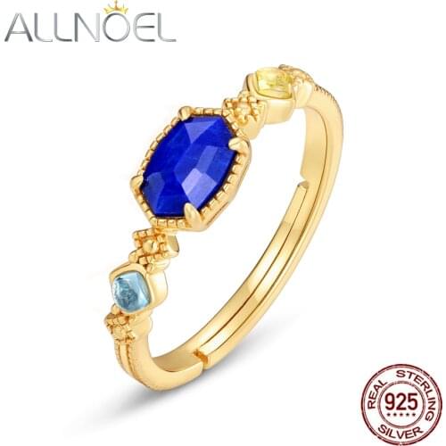 ALLNOEL Statement Ring Solid 925 Sterling Silver Jewelry Lapis Lazuli Peridot Natural Gemstone Real Gold Plated 2020 New