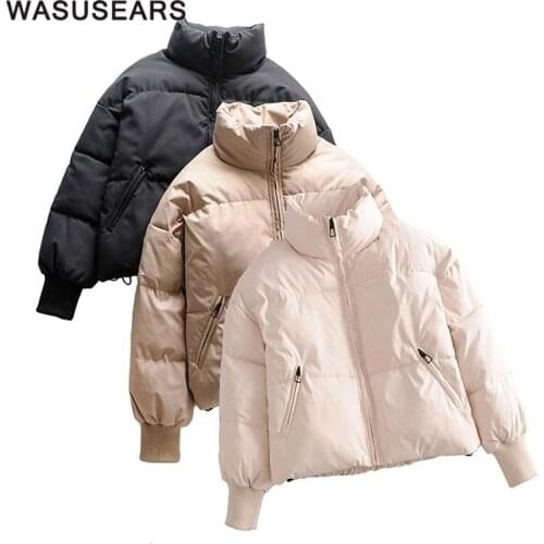 Winter coat women korean style puffer jacket black stand collar parkas with zipper pockets thick parkas elegant streetwear 2020