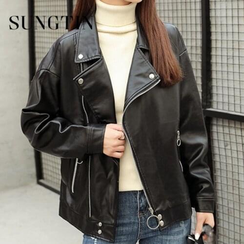 Sungtin Black Fashion Loose Faux Leather Jacket for Women Fall Regular Moto PU Leather Jackets Female Vintage Streetwear BF 2021