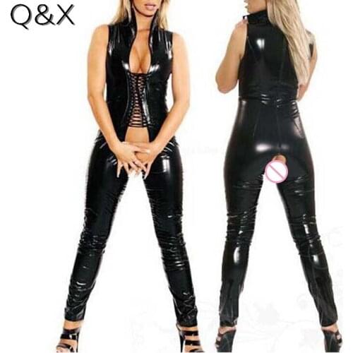 M-2XL 2018 Hot Style Erotic Stretch Front Tie Tight Bodysuit Women Jumpsuit Faux Leather Open Crotch Outfit DS Night Club Wear