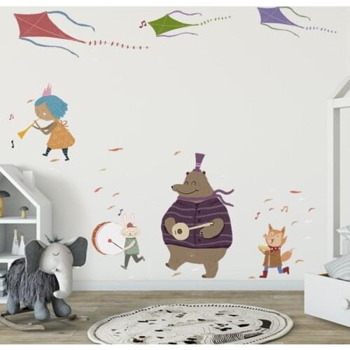 Cartoon Animals Band Wall Sticker for Kids room Bedroom Wall Decor Flying Kite Wall Decals Removable Wallpaper Home Decoration