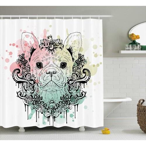 Mint Light Pink Pale Green Animal Shower Curtain French Bulldog Floral Wreath on Brushstroke Watercolor Print Decor Bathroom
