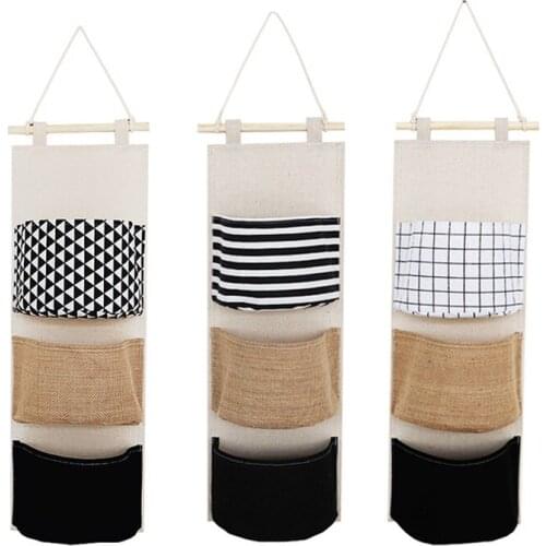 New 3 Grids Wall Mounted Wardrobe Organizer Hang Bag Cotton Linen Closet Toys Sundries Storage Hanging Pouch , 3 Pcs