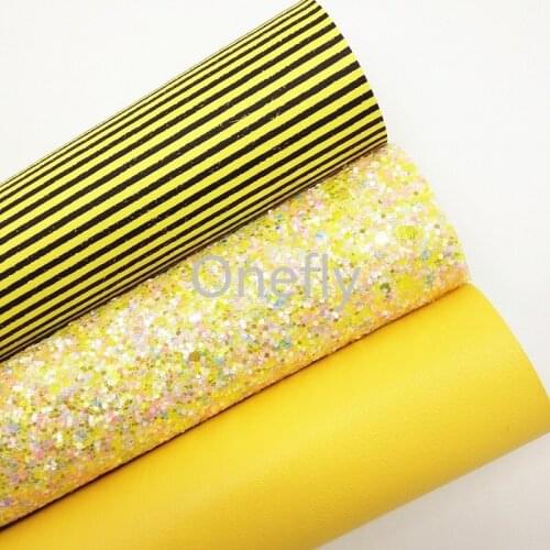 Onefly 21X29CM Neon Yellow Glitter Leather, Stripes printed Faux Leather Fabric Sheets For Bow DIY handbags shoes DQ006