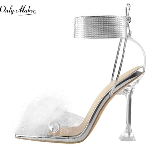 Onlymaker Lace Up Metal Sandals Transparent Thin High Heels For Women Open Pointed Toe Ankle Strappy Shoes Feather Sandals