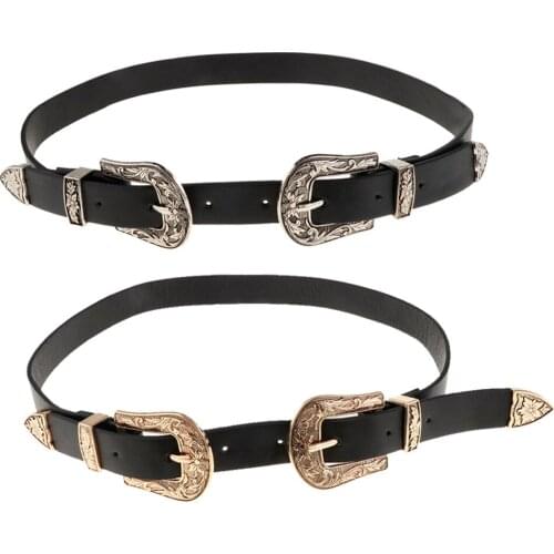 Artificial Leather Belt With Double Floral Emboss Buckle Vintaje Womens