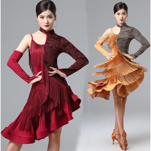 Sexy One Sleeve Latin Dance Dress Women Fringe Dress Dance Clothes Competition Costume Party Wear Rumba Dress Latin Dresses 1343