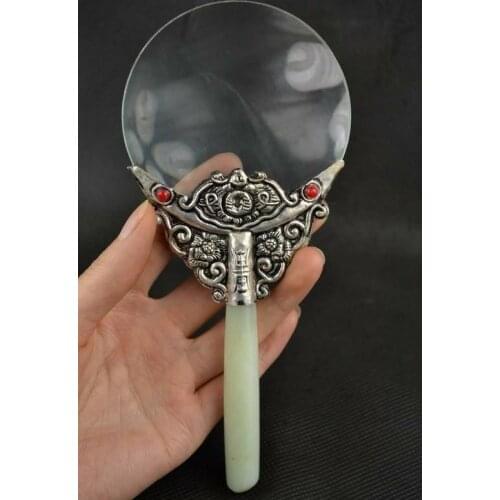 Old Decorated Handwork Jade Armoured Miao Silver Flower Usable Magnifying Glass