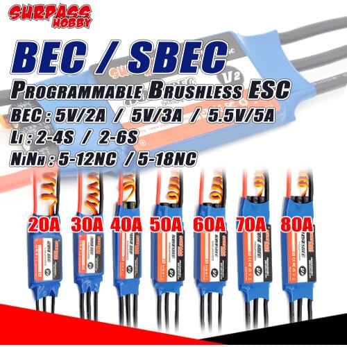 SURPASS HOBBY SBEC BEC Programmable Brushless ESC 20A 30A 40A 50A 60A 70A 80A ROHS For RC Airplanes Fixed-wing Glider Warbirds