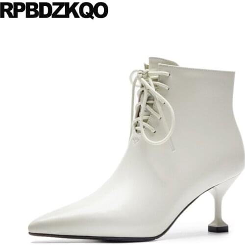 Women Pointed Toe Booties Winter Stiletto Genuine Leather Front Lace Up Casual Ankle Boots Autumn Fur Shoes High Heel 2021 Beige