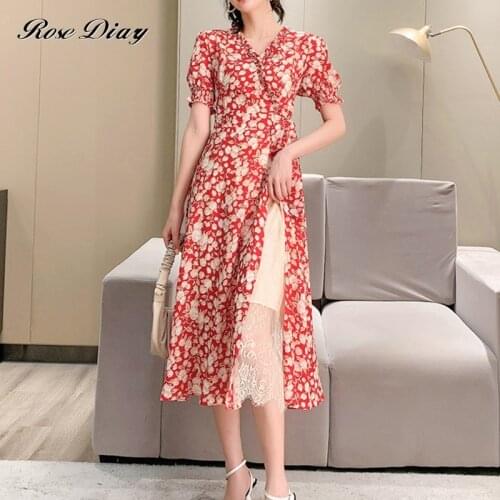 2021 Summer red Floral Dress Women Elegant Lace Embroidered Square Collar Short Sleeve High Waist Layers Ruffles Midi Dress
