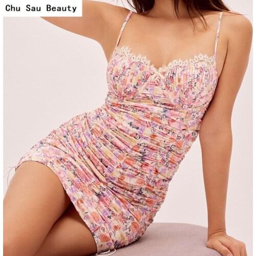 2021 Womens New Slim Pleated Chic Mini Suspender Dress Summer Fashion Elegant Sexy Sweet Printed Lace Trim Party Robe