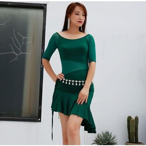 2021 New 5509 Half Sleeve Lotus Design Latin Dance Dress Women Performance Costume Modern Dancing Dresses Belly Dance Dress