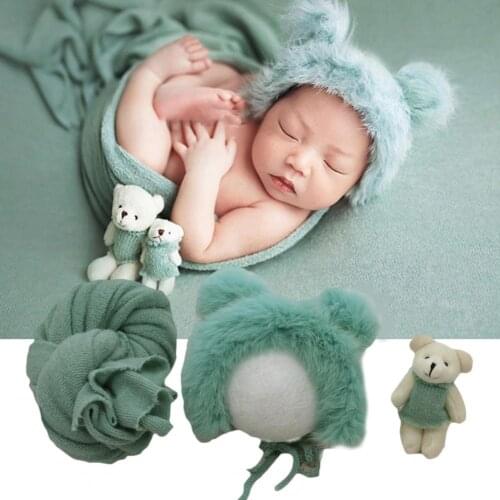 3Pcs Newborn Clothes Warm Photography Props Cotton Bear Doll Blanket Hat Photo Shoots Accessories for Baby Dress Up