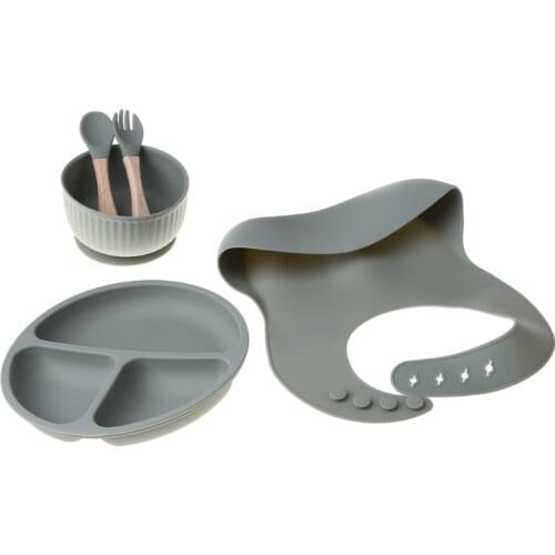 5PCS/Set Baby Feeding Tableware BPA Free Food Grade Silicone Bowl Bib Placemat Fork Spoon Feeding Set Baby Supplies