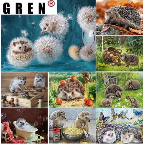 GREN 5D DIY Diamond Painting Animal Hedgehog Dandelion Cross Stitch Full Square Diamond Embroidery Mosaic Picture Rhinestones