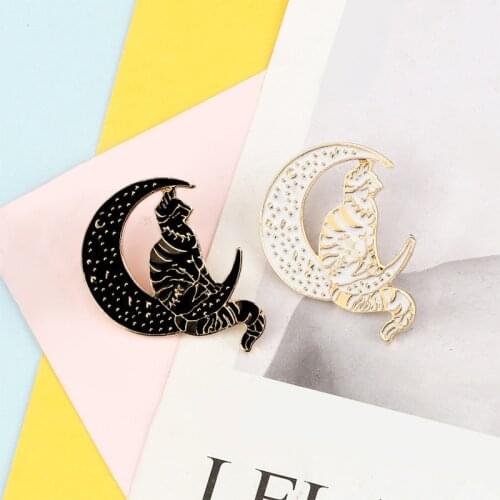 Punk Black White Witch Cat Enamel Pin Custom Moon Wizard Cats Brooches Clothes Bag Lapel Pins Badges Gothic Jewelry Accessories