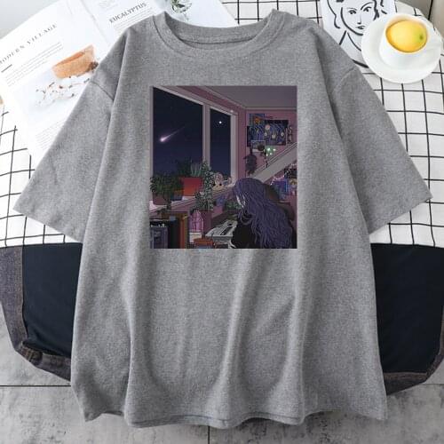 Quiet Night Quiet Stars Prints T Shirt Womans Fashion Comfortable Top Hip Hop O-Neck T Shirts Simplicity Oversize Woman Tshirts