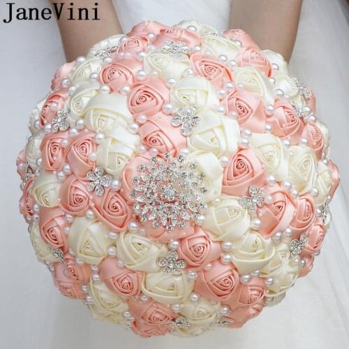 JaneVini 30CM Big Bridal Bouquet Pearls Silver Rhinestone Shinning Diamond Crystal Wedding Bouquets Bride Satin Rose Brooch 2021