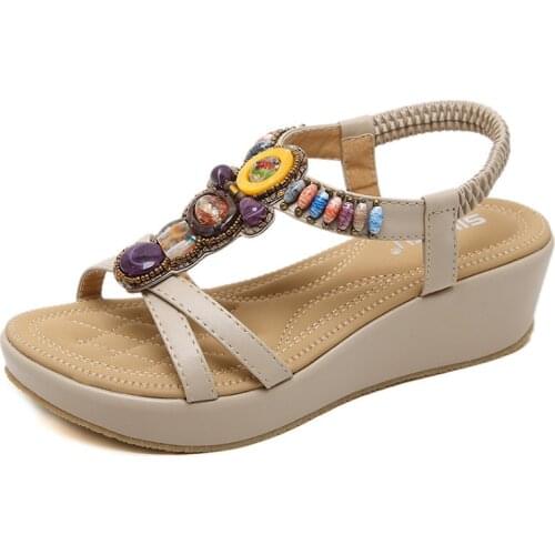 Summer 2021 ethnic style sandals womens beach slope with retro beaded large size fashion casual womens shoes