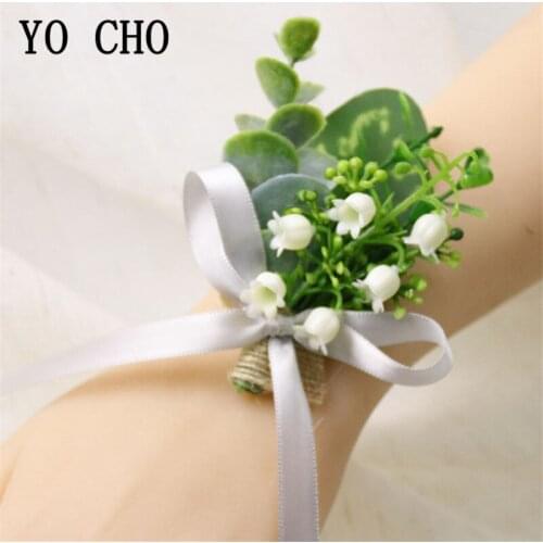 YO CHO Groomsmen Boutonnieres Bridal Wrist Corsage Men Brooch Pins White Green Lily of the Valley Prom Party Wedding Boutonniere