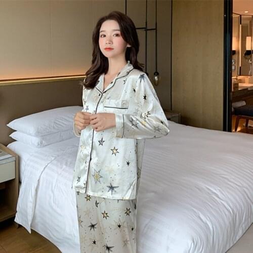 Spring and Autumn Womens Pajamas Ice Silk Long Sleeve Cardigan Loose Sexy Sleepwear Home Service Pajamas for Women Sleep Tops