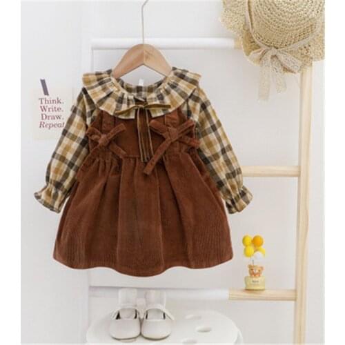 Baby Girls Dresses Fashion Plaid Shirt+CorduroyTwo-Piece Princess Dress Casual Autumn Winter Warm Soft Newborn Clothes For Party