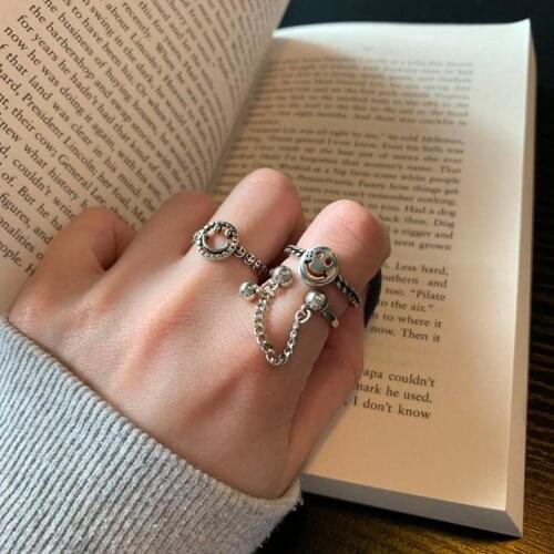 Adjustable Fashion Retro Personality Hollow Smiling Face Opening Ring Heart-shape Chain Adjustable Opening Ring for Women