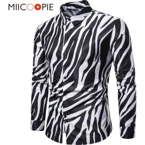 2019 New Nightclub Party Zebra Striped Mens Shirts Casual Slim Fit Long Sleeve Camisa Social Mens Dress Shirts Chemise Homme 3XL