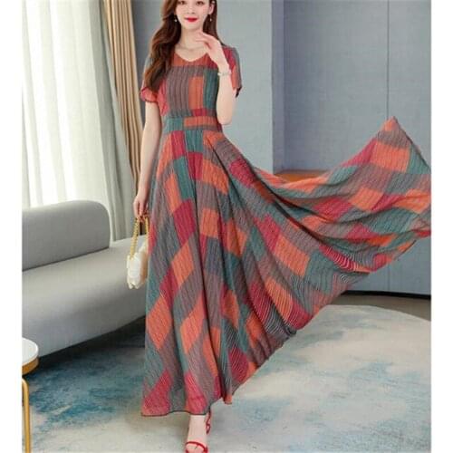 Chiffon printing short-sleeved temperament waist thin women dress plus size summer o-neck ladies dress S-3XL red blue pink